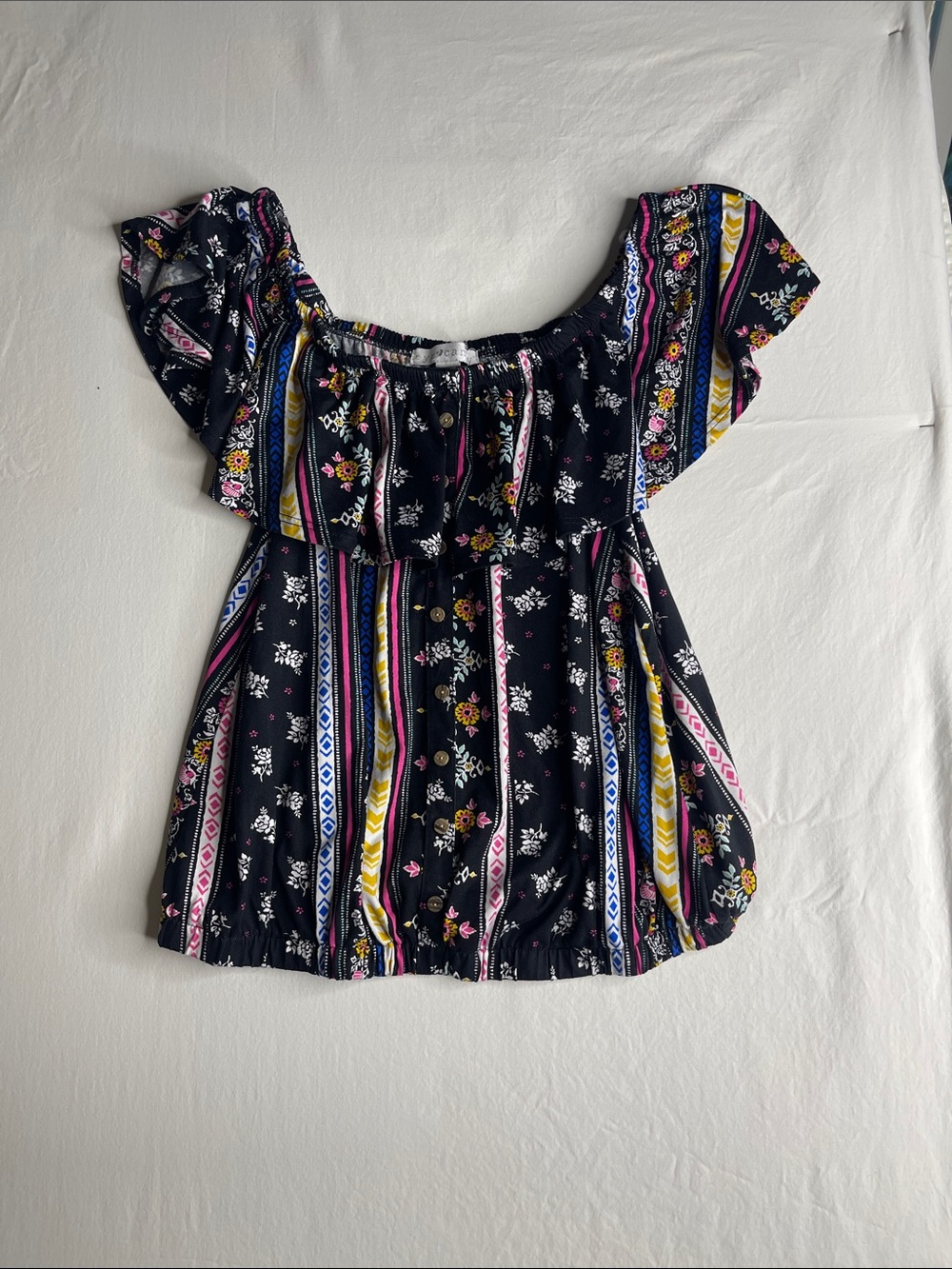 eye candy Black Floral Off-Shoulder‎ Ruffle Blouse with Colorful Stripes